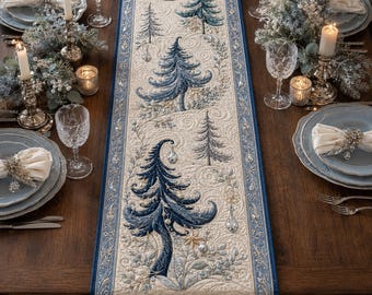 Blue Christmas Tree Quilted Table Runner, Winter Wonderland Dining Decor