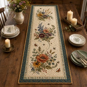 Puede incluir: Un camino de mesa acolchado rectangular con un panel central color crema que presenta ramos de flores bordados, mariposas y abejas. El camino tiene un borde azul verdoso oscuro con un ribete dorado y un patrón de cuadros verde y blanco.