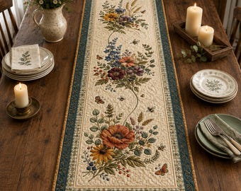 Floral Quilted-Style Table Runner, Cottagecore Farmhouse Dining Decor, Botanical Print