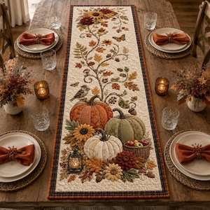 Peut inclure: Un chemin de table matelassé rectangulaire orné d'un motif automnal avec des citrouilles, des tournesols, un petit oiseau, une lanterne et un panier de pommes. Le design présente des vignes, des feuilles et des papillons sur un fond crème.