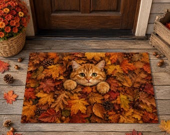 Fall Cat Doormat, Orange Tabby Autumn Leaves Welcome Mat