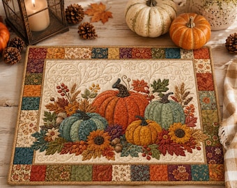 Quilted Fall Pumpkin Placemat, Rustic Harvest Sunflower Thanksgiving Table Mat Decor