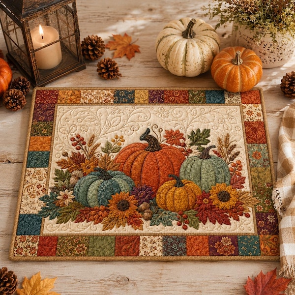 Quilted Fall Pumpkin Placemat, Rustic Harvest Sunflower Thanksgiving Table Mat Decor