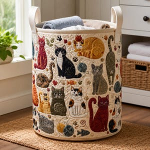 Op de afbeelding: Een cilindrische stoffen wasmand met een crèmekleurige achtergrond, voorzien van een geborduurd patroon van diverse katten in rood, zwart, bruin en oranje, afgewisseld met kleine bolletjes wol, vissen en pootafdrukken als motieven.