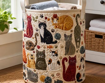 Quilted Cats Storage Basket, Cat Lover Laundry Hamper, Fabric Home Organization