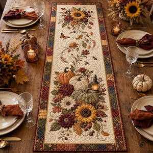 May include: A rectangular quilted table runner featuring a cream-colored center with an autumnal print of sunflowers, pumpkins, a lantern, and a butterfly. The runner is bordered by a patchwork pattern of small squares in shades of red, orange, and brown.