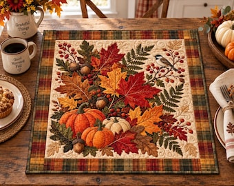 May include: A rectangular fabric placemat featuring a central quilted design of autumn leaves, pumpkins, acorns, and a small bird on a cream background, framed by a plaid border in shades of red, orange, yellow, green, and brown with intricate stitching.