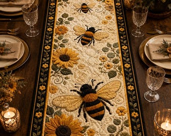 Camino de mesa acolchado con diseño de abejas y girasoles, decoración de cocina de verano estilo casa de campo.