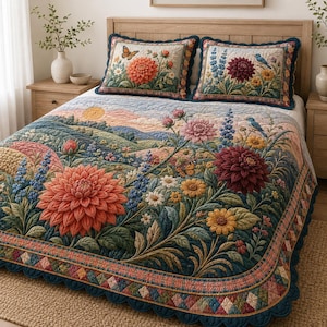 May include: A quilted bedspread and two matching pillow shams featuring a landscape scene with large orange and dark red dahlia flowers, blue lupines, yellow daisies, butterflies, and small blue birds. The edges have a scalloped dark blue border.