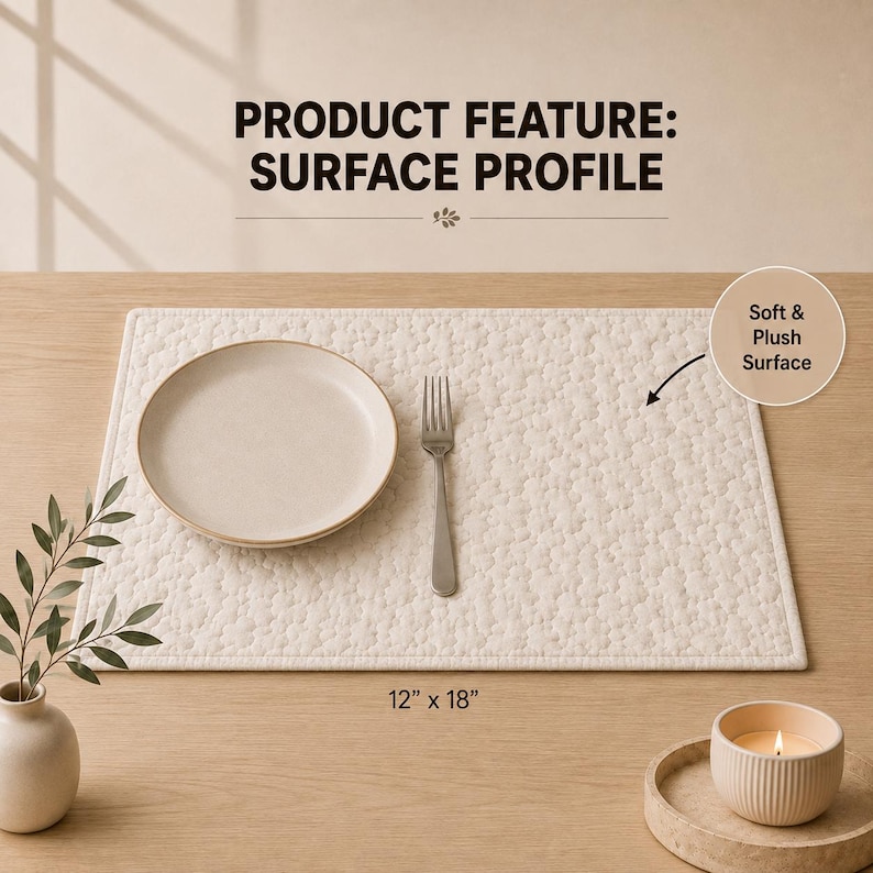 May include: A rectangular cream-colored placemat with a quilted floral pattern, measuring 12 inches by 18 inches. The text reads PRODUCT FEATURE: SURFACE PROFILE and Soft & Plush Surface. A round plate and a metal fork rest on the placemat.