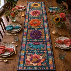 May include: A long rectangular quilted table runner featuring a series of six distinct floral panels in vibrant colors including yellow, pink, orange, purple, teal, and a multi-colored lotus design, all bordered by a dark blue patterned fabric.