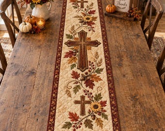 Fall Cross Quilted Table Runner, Autumn Faith Christian Dining Decor