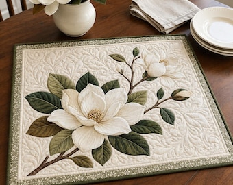 Quilted Magnolia Placemat, White Floral Dining Table Mat