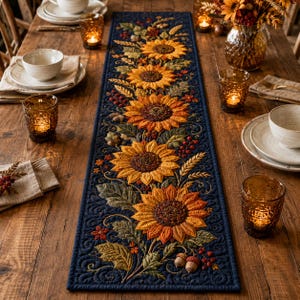 May include: A rectangular quilted table runner featuring a dark navy blue background with a central vertical pattern of five large yellow sunflowers, green leaves, wheat stalks, red berries, and small brown acorns with intricate stitching.