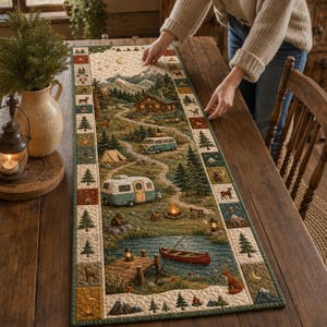 May include: A rectangular quilted table runner featuring a detailed outdoor camping scene with a log cabin, a vintage camper, a van, a canoe on a lake, and a wooden dock. The border is decorated with small squares showing trees, animals, and campfires.