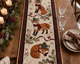 Quilted Fox Table Runner, Woodland Christmas Holiday Decor, Rustic Cabin Kitchen Accent