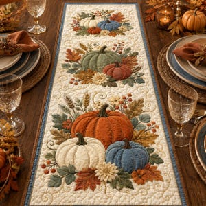 Könnte beinhalten: Ein rechteckiger, gesteppter Tischläufer mit herbstlichem Erntemotiv, verziert mit applizierten Kürbissen in Orange, Weiß, Grün und Blau, umgeben von gestickten Herbstblättern, Weizenähren und Blumen auf einem cremefarbenen Stoffhintergrund.