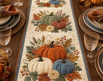 Quilted Pumpkin Table Runner, Fall Harvest Autumn Decor, Blue Orange Thanksgiving Runner