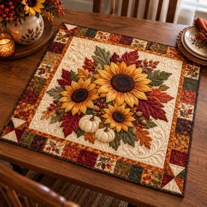 May include: A square fabric table topper featuring a central appliqué design of three yellow sunflowers, two white pumpkins, and autumn-coloured leaves in shades of red, orange, and green. The border consists of a patchwork quilt pattern.