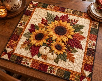 Fall Sunflower Quilted Table Topper, Rustic Harvest Dining Centerpiece