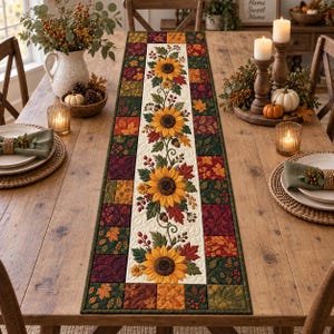 Può includere: Un runner da tavola trapuntato rettangolare con un pannello centrale color crema caratterizzato da una fila verticale di quattro girasoli gialli, foglie verdi e bacche rosse, bordato da un patchwork di quadrati nei colori autunnali come arancione, rosso e verde scuro.