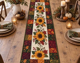 Autumn Sunflower Quilted Table Runner, Fall Harvest Floral Dining Decor