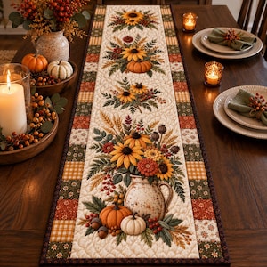 Fall Harvest Quilted Table Runner, Pumpkin Dining Centerpiece