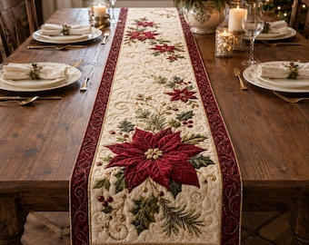 Quilted Poinsettia Christmas Table Runner, Holiday Dining Decor, Festive Gift