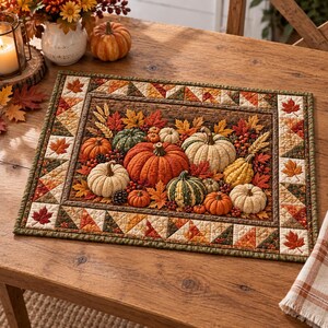 May include: A rectangular quilted placemat featuring a central print of various pumpkins, gourds, and autumn leaves in shades of orange, green, and cream. The border consists of a geometric patchwork pattern with embroidered maple leaf motifs.