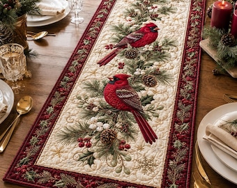 Quilted Red Cardinal Christmas Table Runner, Winter Pine Berry Decor