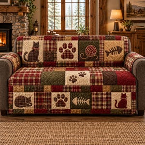 Cute Cat Patchwork Quilted Sofa Cover Protector, Rustic Pet Protector