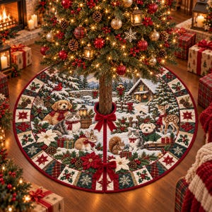May include: A round Christmas tree skirt featuring a winter forest scene with a cabin, a bridge, and various animals including dogs, cats, rabbits, a squirrel, and a deer. The border has a quilted pattern with red, green, and white stars.