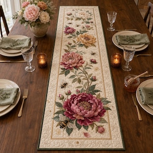 May include: A rectangular table runner featuring a cream-coloured fabric base with an intricate quilted pattern. The design displays a central floral arrangement of large pink, peach, and white peonies with green leaves and several honeybees.