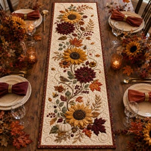 May include: A rectangular quilted table runner featuring an intricate autumn-themed applique design. The cream-colored fabric displays sunflowers, dark red dahlias, maple leaves, a small bird, a bee, and a white pumpkin with swirling stitching.