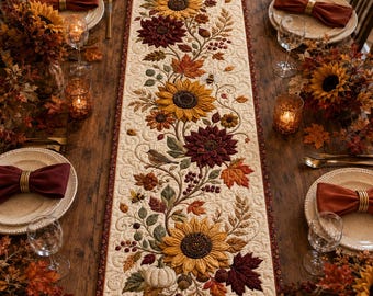 Puede incluir: Un camino de mesa acolchado rectangular con un intrincado diseño de apliques con temática otoñal. La tela de color crema muestra girasoles, dalias de color rojo oscuro, hojas de arce, un pájaro pequeño, una abeja y una calabaza blanca con costuras.