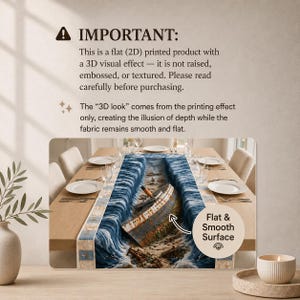 May include: A rectangular table runner featuring a flat, 2D printed graphic of a shipwreck surrounded by ocean waves. The design creates a 3D visual effect on a smooth fabric surface. Text on the image includes IMPORTANT, Flat & Smooth Surface.