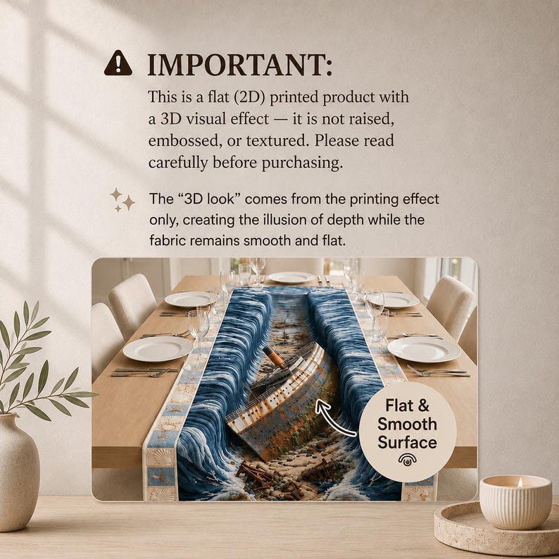 May include: A rectangular table runner featuring a flat, 2D printed graphic of a shipwreck surrounded by ocean waves. The design creates a 3D visual effect on a smooth fabric surface. Text on the image includes IMPORTANT, Flat & Smooth Surface.