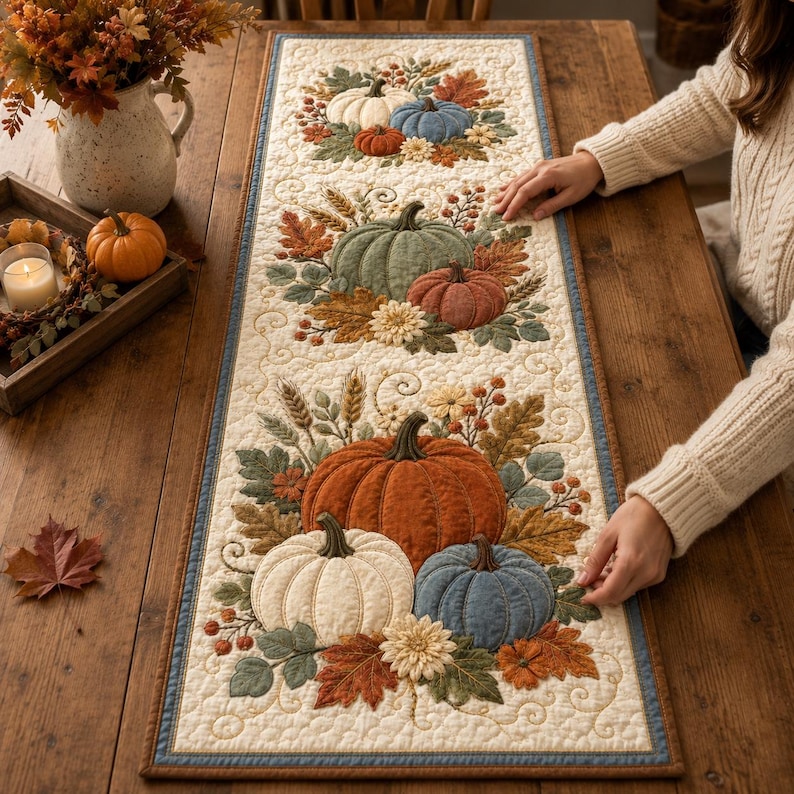 May include: A rectangular quilted table runner featuring an autumn-themed pattern with appliqued pumpkins in shades of orange, white, green, and blue, surrounded by embroidered fall leaves, wheat stalks, and flowers on a cream-colored fabric background.