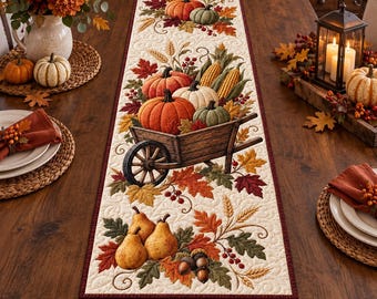 Fall Harvest Wagon Quilted Table Runner, Autumn Farm Dining Decor