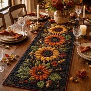 Pode incluir: Um caminho de mesa retangular de tecido preto com um padrão acolchoado de girassóis, folhas de outono, cogumelos e bolotas em tons de amarelo, laranja e verde. O caminho está centrado numa mesa de madeira com pratos e copos.