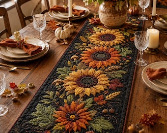 May include: A rectangular black fabric table runner featuring a quilted pattern of sunflowers, autumn leaves, mushrooms, and acorns in shades of yellow, orange, and green. The runner is centered on a wooden table set with plates and glasses.