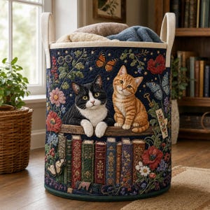 Puede incluir: Un cesto de ropa cilíndrico de tela con dos asas color crema, con un exterior acolchado azul oscuro decorado con flores, mariposas, una llave y libros bordados. Un gato blanco y negro y un gato atigrado naranja están sentados sobre los libros.