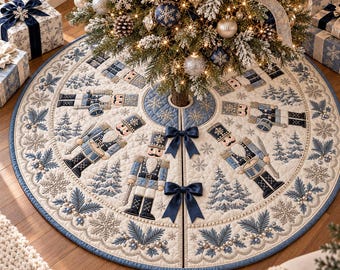 May include: A circular quilted Christmas tree skirt in cream and blue featuring embroidered nutcracker figures, pine branches, and snowflakes. The fabric is accented with two dark blue satin bows along the slit and a scalloped edge.