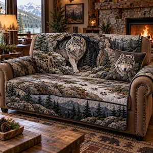 May include: A tan upholstered sofa featuring a quilted furniture cover with a printed landscape scene of a gray wolf emerging from a rocky cave, pine trees, and mountains, accompanied by a matching square throw pillow with a wolf portrait.