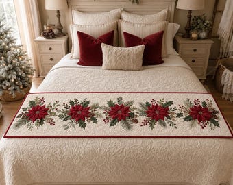 Quilted Christmas Poinsettia Bed Runner, Holiday Winter Bed Scarf Decor