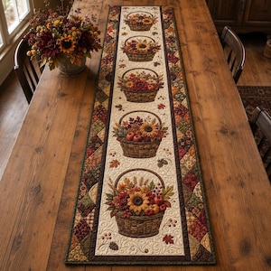 May include: A rectangular table runner featuring a cream-coloured centre panel with five repeating printed illustrations of woven baskets filled with sunflowers, autumn leaves, and apples, bordered by a dark brown frame and a diamond-patterned edge.