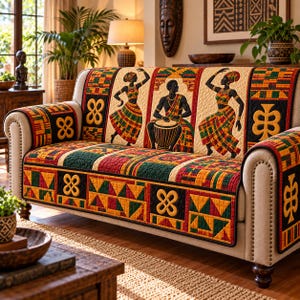 May include: A beige sofa covered with a quilted throw featuring vibrant red, green, and yellow geometric patterns, Adinkra symbols, and illustrations of two figures dancing alongside a central figure playing a djembe drum on a cream background.