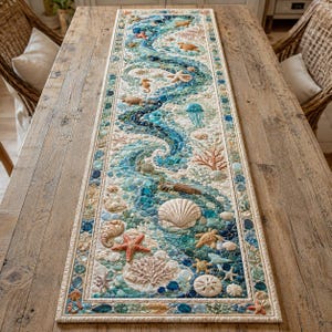 May include: A rectangular table runner featuring a textured ocean-themed design with a winding blue river pattern. The surface is decorated with various sea life elements including starfish, seashells, sea turtles, coral, and a jellyfish.