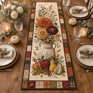 Puede incluir: Un camino de mesa acolchado rectangular con un panel central color crema que muestra un diseño de una jarra de cerámica llena de flores de otoño, rodeada de calabazas, una manzana roja y una pera, bordeado por un patchwork de telas otoñales.
