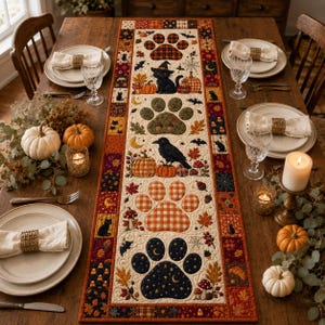 May include: A rectangular quilted table runner featuring a repeating pattern of large paw prints, black cats, crows, pumpkins, and autumn leaves in orange, black, and cream tones. The border displays a patchwork design of small seasonal motifs.
